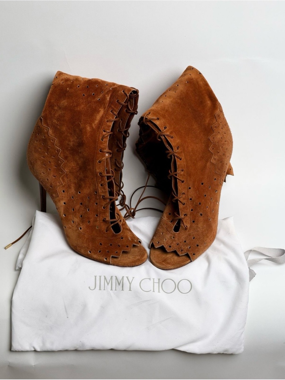 Jimmy Choo Tan Suede Lace-Up Peep-Toe Boots - Picture 3 of 5